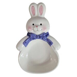 Hallmark Easter Bunny Candy Dish White Trinket Decor Purple Bow Tie Ceramic VTG